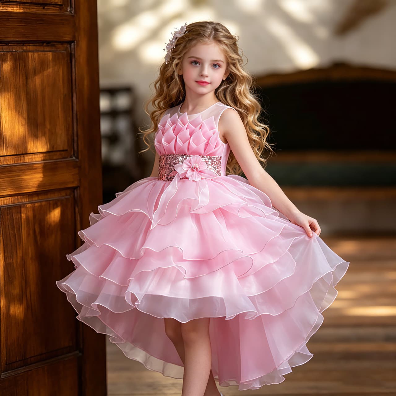 New Cross-Border Girls' Flower Girl Dress with Train, Organza Cake Princess Children's Wedding Dress, Tulle Tutu Skirt Wholesale