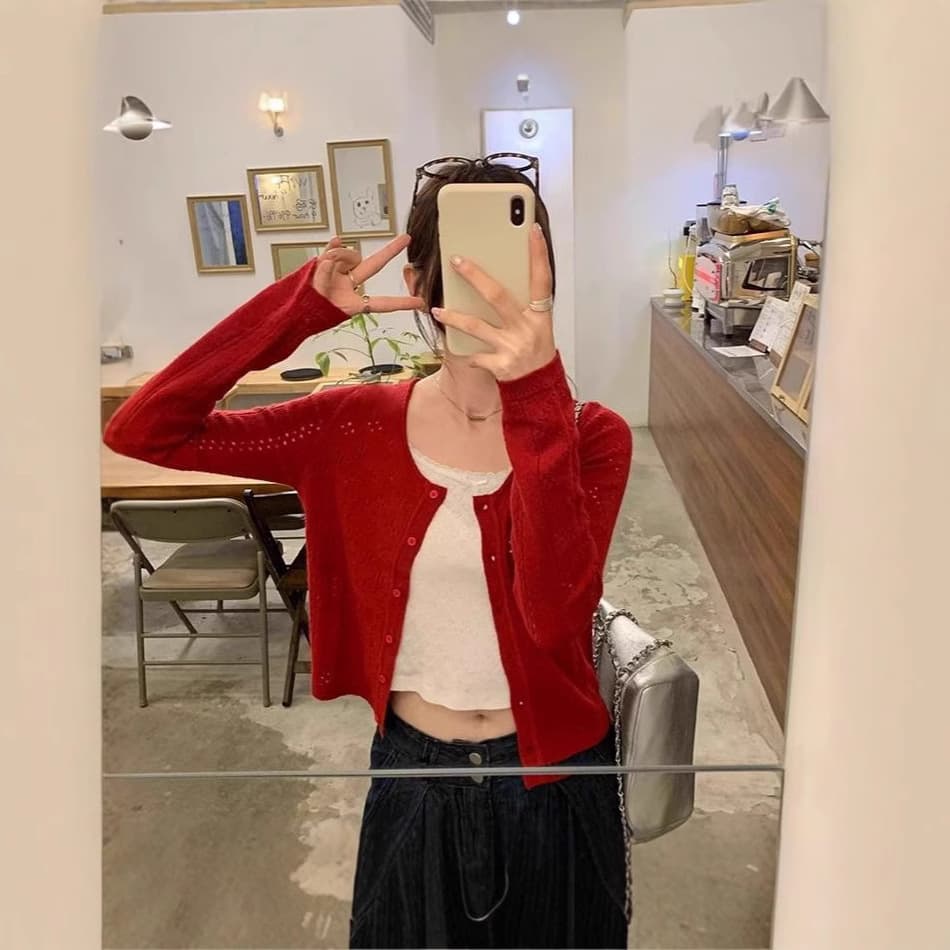 Red Hong Kong Style Retro Cut Out Thin Sun Protection Knitted Cardigan Women's Summer Lazy Style Short Long-Sleeved Jacket Top