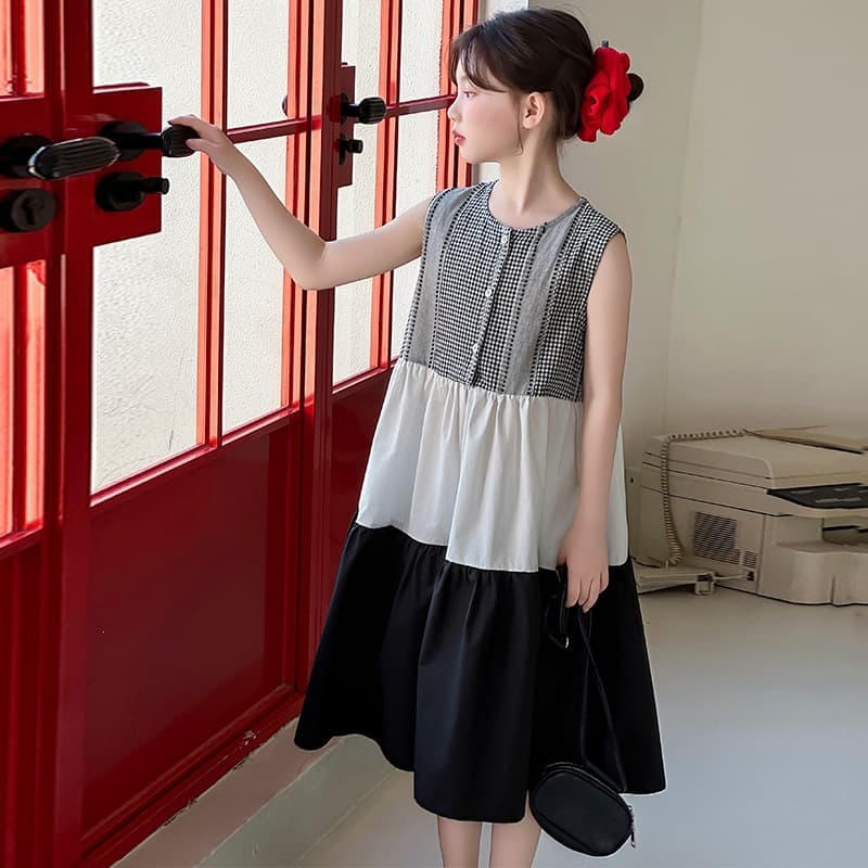 Girls Summer Dress 2026 New Children's Style Spliced Sleeveless Vest Dress Korean Cotton Princess Dress