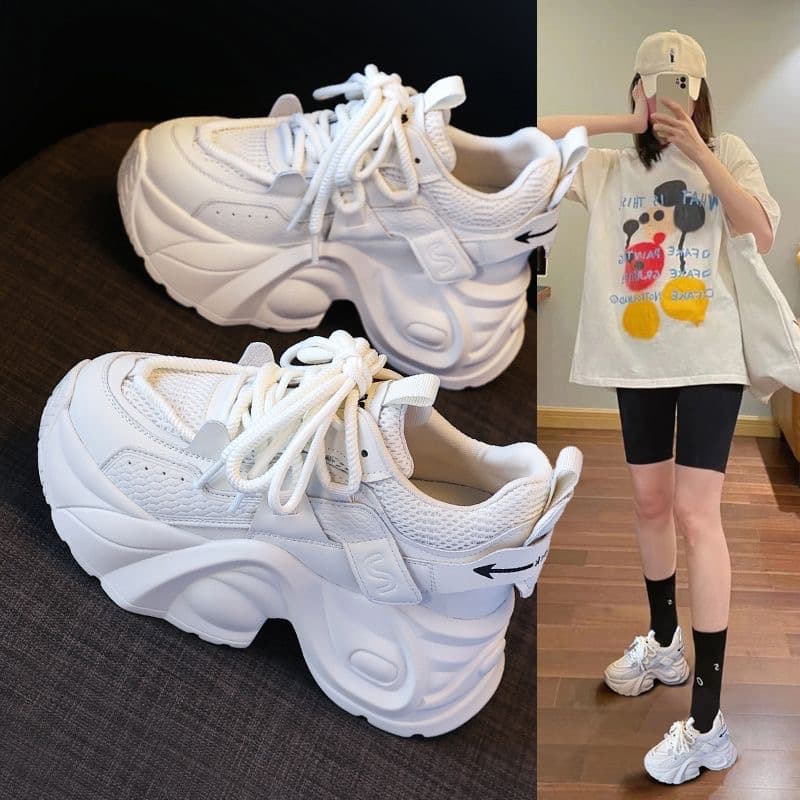 Thick-Soled Inner Height-Increasing Dad Shoes for Women 2024 Summer New Mesh Casual Sports Shoes Popular White Women's Shoes