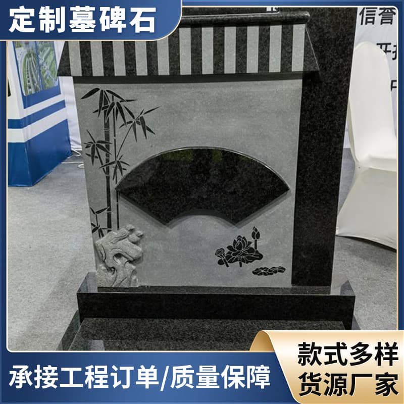 Cemetery burial traditional stone steles with intricate Chinese-style carvings, various stone materials for memorial tombstones.