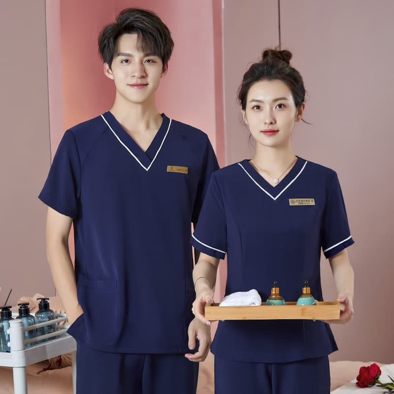 High-end beauty salon beautician work uniform, loose-fitting and elegant, mid-sleeve work uniform set for foot bath technicians.