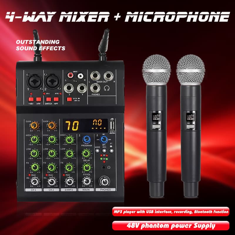 Cross-border 4-Channel Professional Mini Mixing Console with 48V Phantom Power, Bluetooth, and Reverb Effects for Stage, Live Streaming, and Performance