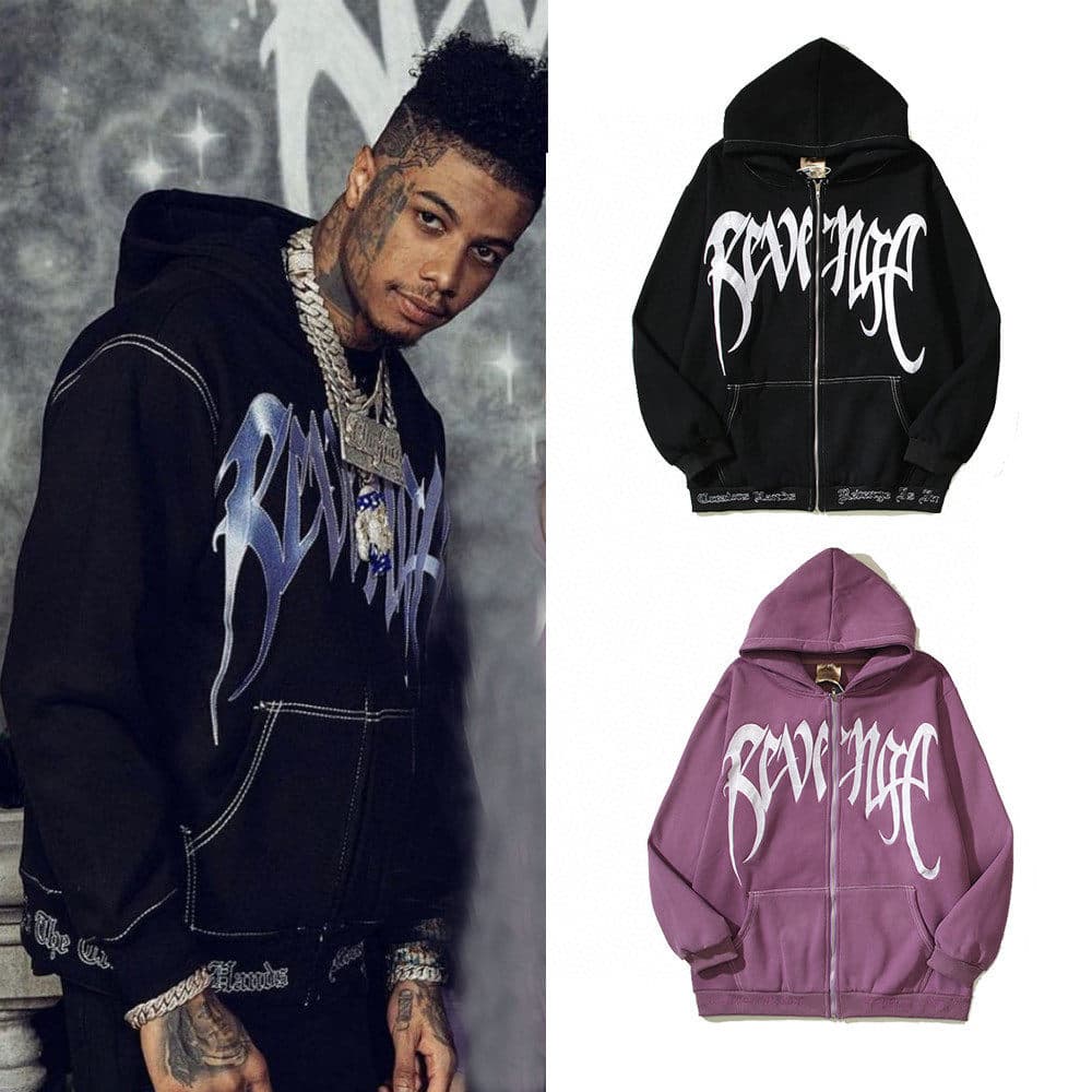 Autumn and winter new American high street Revenge embroidered jacket plus velvet cardigan zipper hooded sweatshirt hoodie