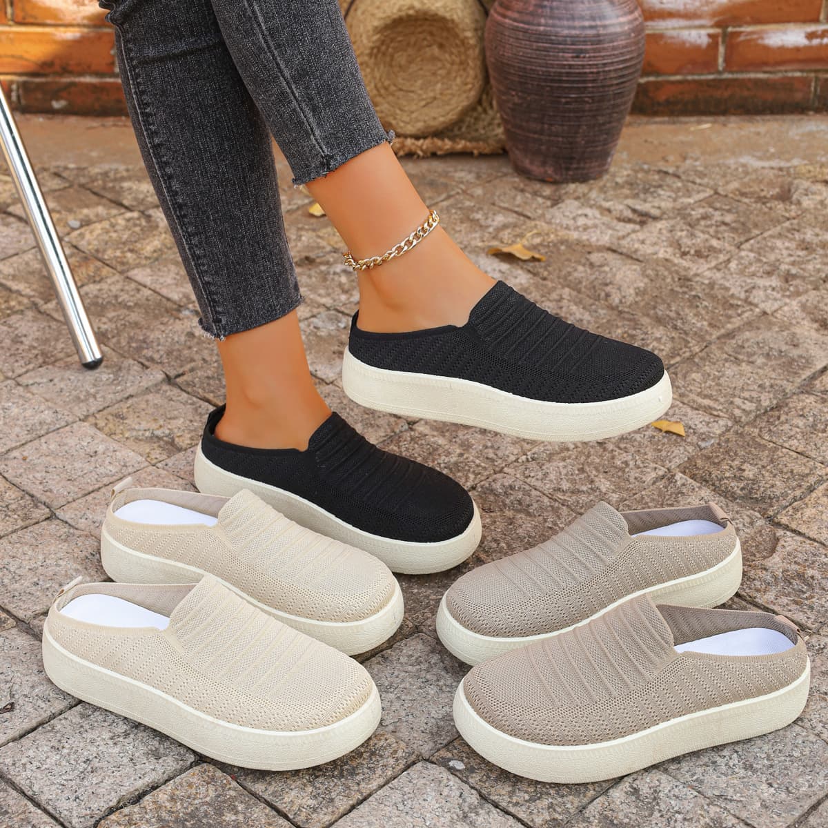 Large Size Spring and Summer New Style Hollow Mesh Half-Slippers for Women, Versatile Casual Shoes, Comfortable Thick-Soled Shoes for Middle-Aged and Elderly Mothers