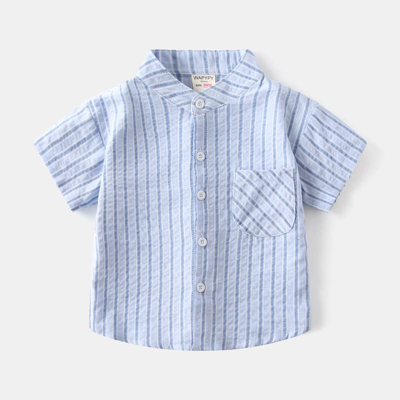 Children's striped short-sleeved shirt, 2025 summer boys' shirt, Korean style, baby V-neck, fashionable children's clothing, summer wholesale.