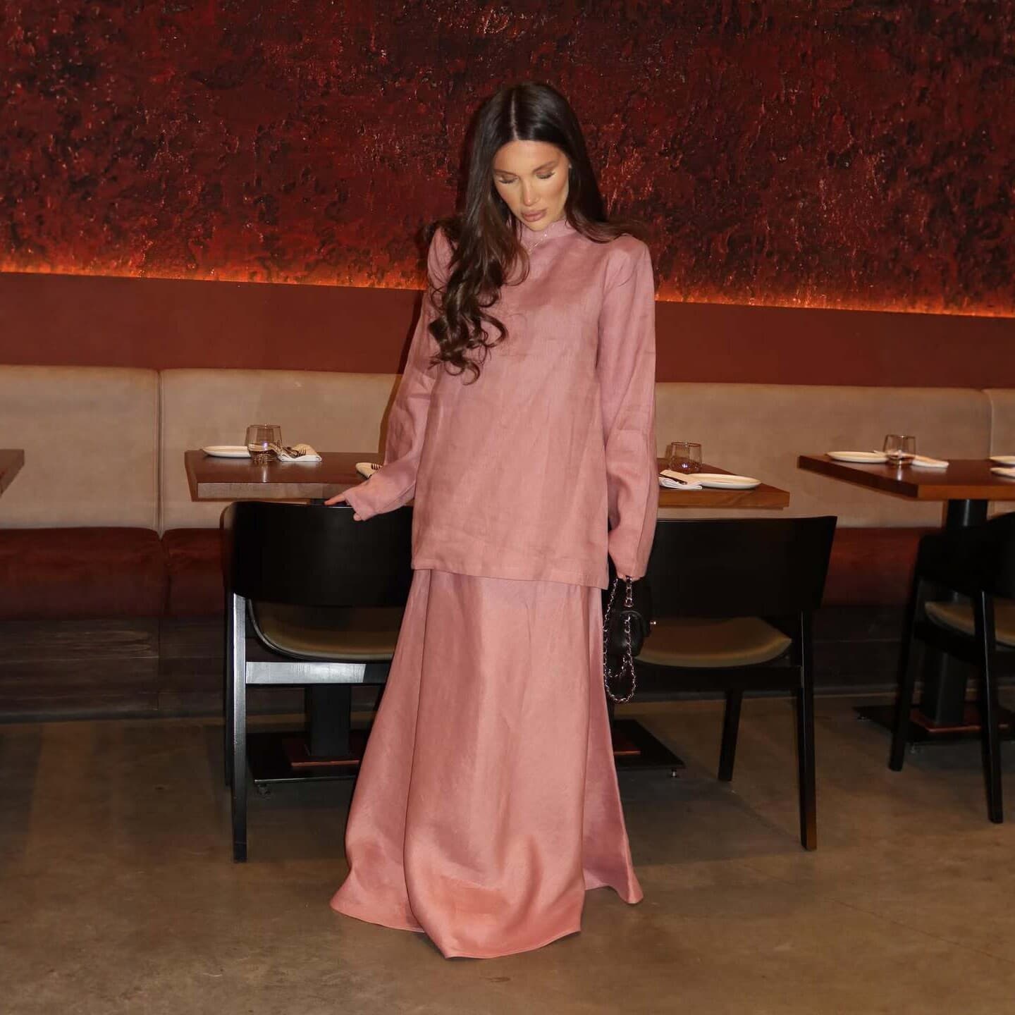 European American Cross-Border 2026 New Solid Color Long Sleeve Tie Waist Top Long Skirt Set Elegant Loose Fashion Two-Piece