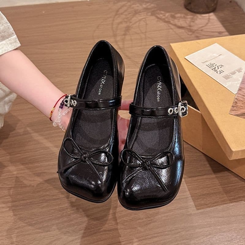 French Bow Flat Ballet Shoes for Women 2026 Spring/Autumn New Style Mary Jane Leather Shoes with One-Strap Buckle for Dresses