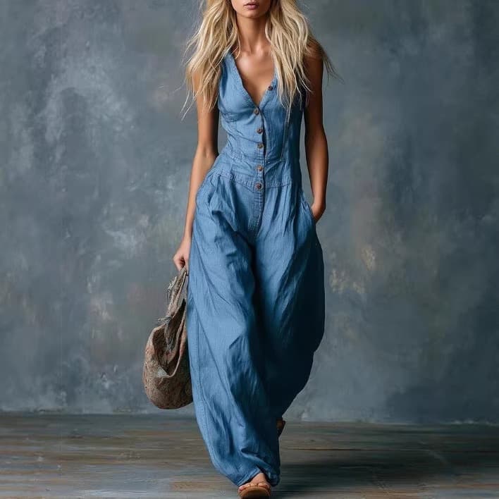 2026 European and American Style Cross-Border Women's Spring Thin Loose Sleeveless Ethnic Tribal Denim Jumpsuit