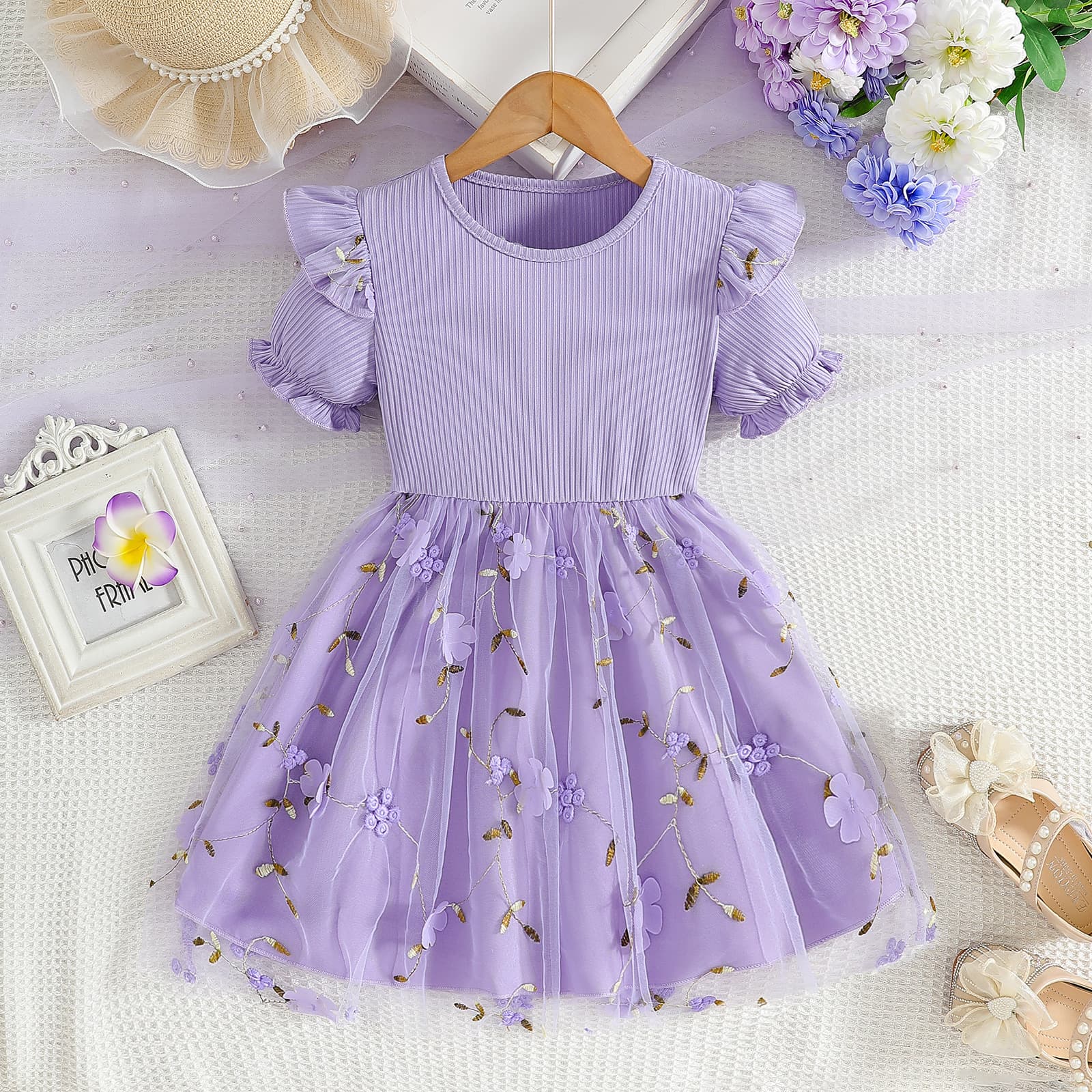Princess Style Summer Dress for Girls Baby Mesh Skirt Short Sleeve Soft Polyester Fabric Comfortable Clothing for Toddlers