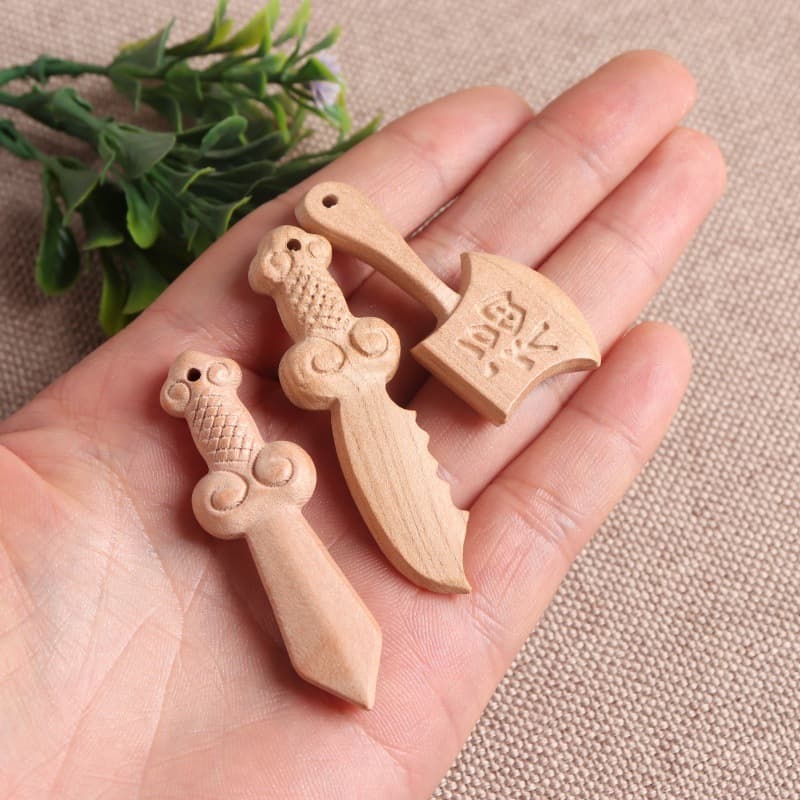 Exquisite Peach Wood Sword Axe Pendant Ornament with Natural Color Fu Character and Blade Patterns
