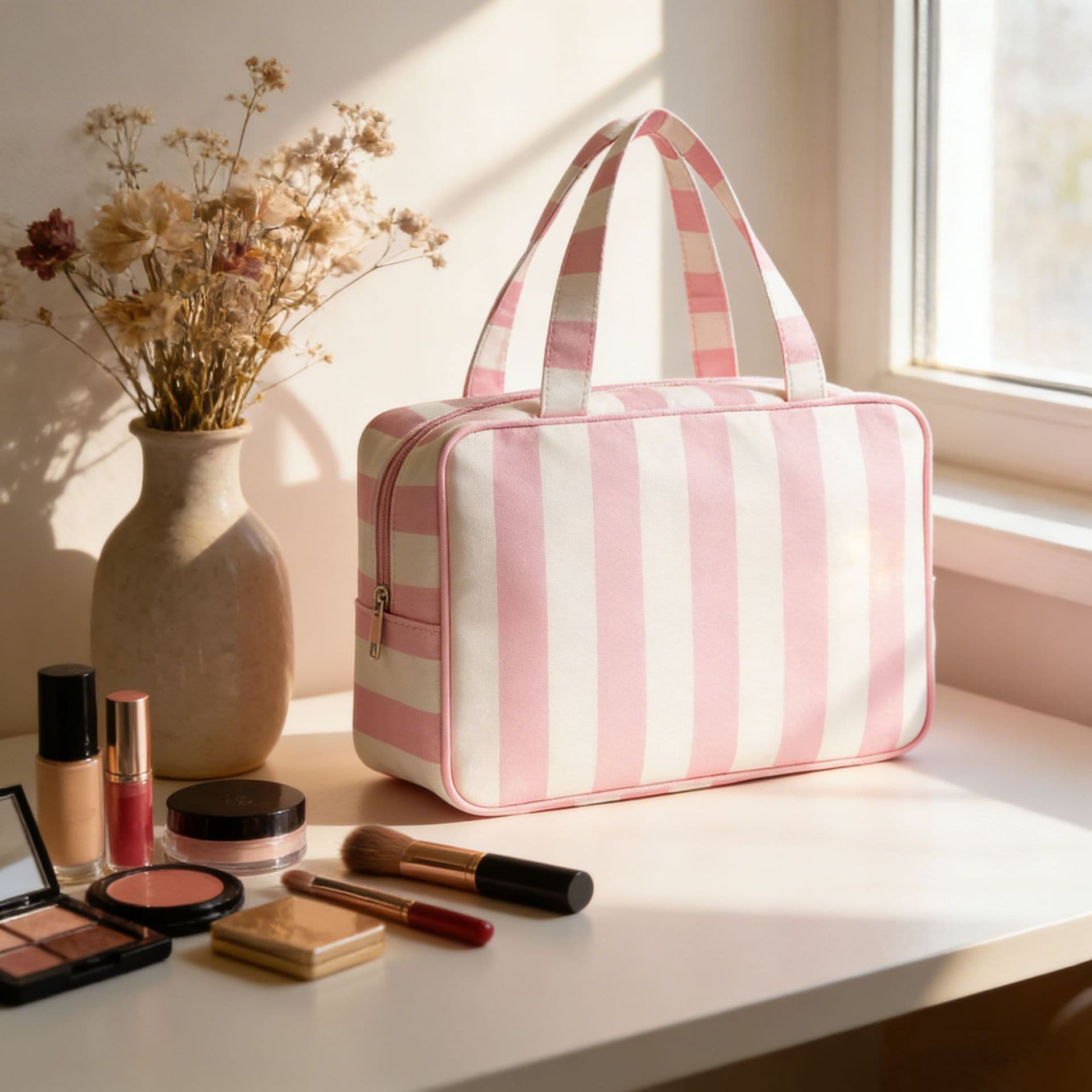 New Cross-Border Pink and White Striped Canvas Cosmetic Bag Large Capacity Portable Women's Toiletry Organizer Travel Handbag
