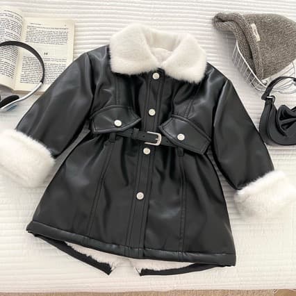 2026 Girls Winter Fur Collar Leather Jacket Baby Girls Winter Stylish Warm Thick Long Dress 6572