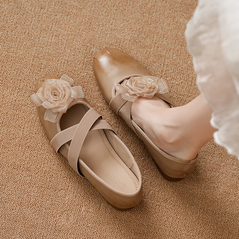 Mandarin Duck Edition ~ Vintage Ballet Rose Flower Cross-Strap Soft Sole Mary Jane Shoes Genuine Leather Flat Shoes