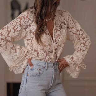 2025 European and American Cross-Border Japanese and Korean Export Women's Fashion Korean Style New Hollow Out Casual Lace Blouse Lace Top for Women