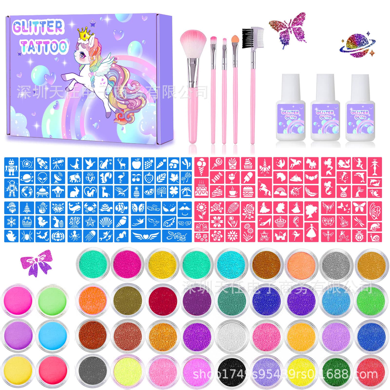 New Tattoo Glitter Set 36 Colors Glitter and 6 Colors Glow Powder, Glitter Makeup Temporary Tattoo Cross-Border Hot Sale