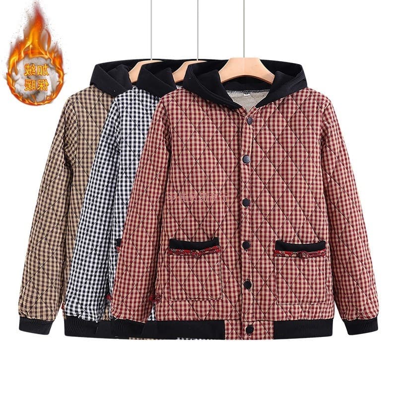 Middle-Aged and Elderly Mother's Autumn/Winter Outerwear Fashion Plaid Women's Fleece-Lined Thickened Cotton Coat Hooded Top, Casual Cotton Jacket