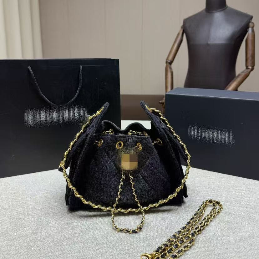 Chanel-Style 25C Drawstring Bucket Bag Hobo Vintage Tote Bag Denim Quilted Chain Shoulder Bag Women's Bag