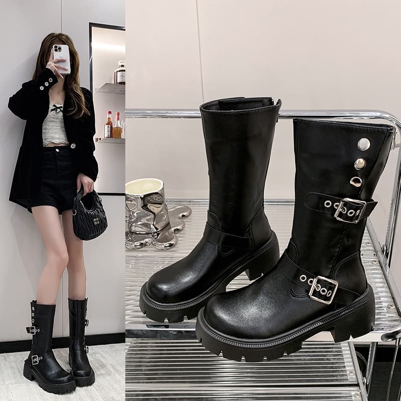 2026 New Chunky Heel High Boots Thick Sole Martin Boots Fashion Belt Buckle High Heel Motorcycle Boots Women's Long Boots