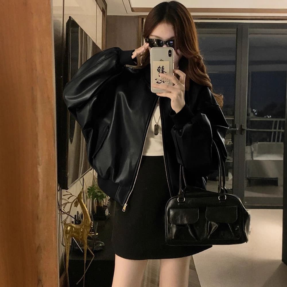 Real Shot of Women's Melard Leather Jacket, Spring 2025 New Style, Baseball-Inspired Design, Short Black Motorcycle Jacket
