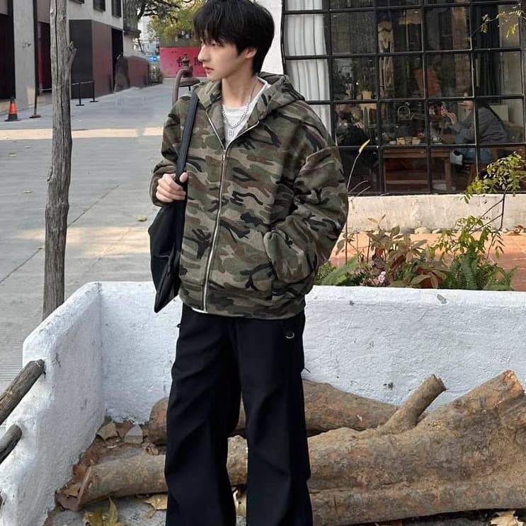 Cross-border Europe and America New Camouflage Jacket Plus Size Men's Clothing Autumn Winter Cardigan Hooded Sweatshirt Sports Loose Top