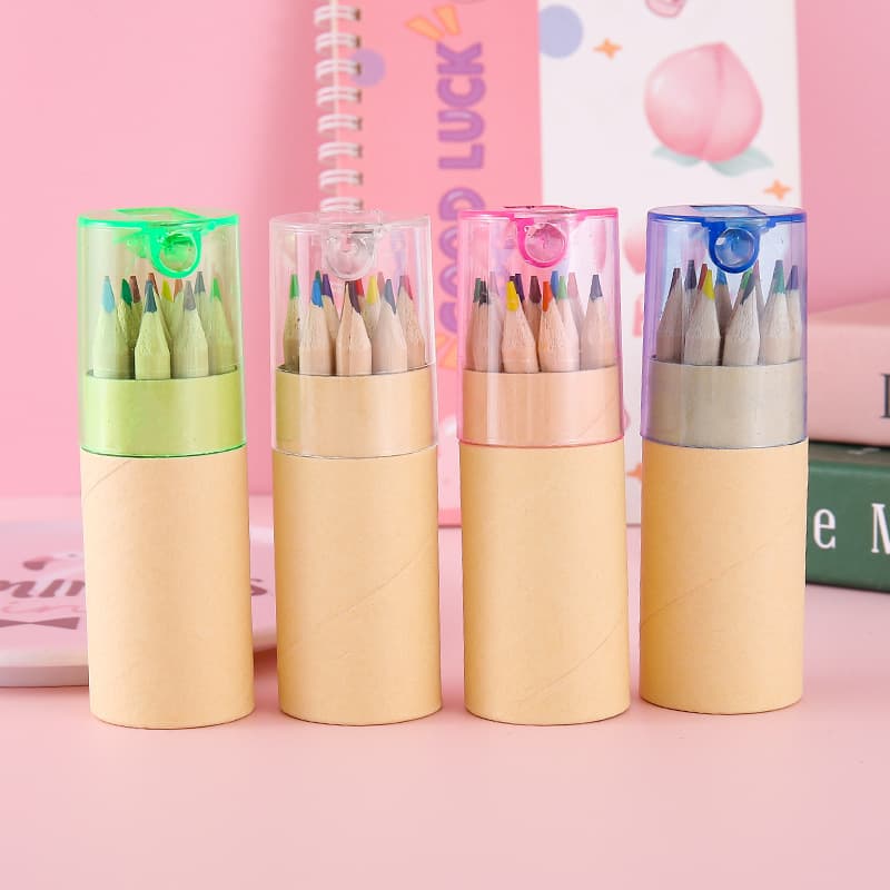Cross-border 12-color colored pencils in wooden barrel with sharpener, student stationery DIY coloring doodle art pencils