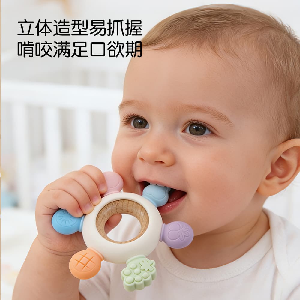Cross-border Hot-selling Fruit Bracelet Teether Baby Grasping Rattle Food-Grade Silicone Teether Chewable Soothing Toy