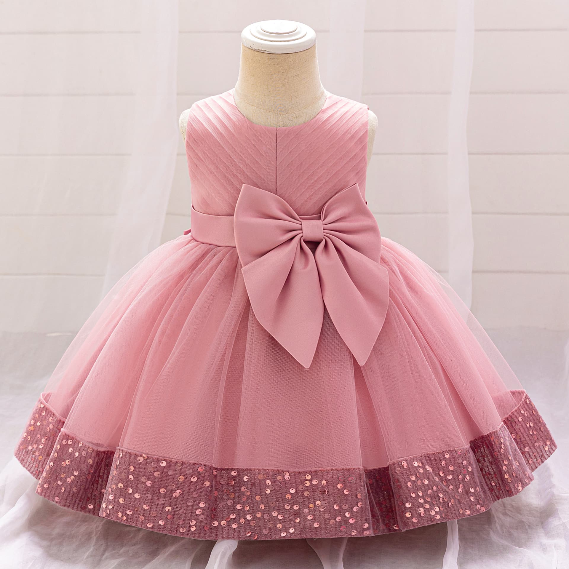 Girls Christening Gown Birthday Party Dress Tulle Fairy Tale Princess Style Sequins Butterfly Knot Baby Shower Outfit One Year Old