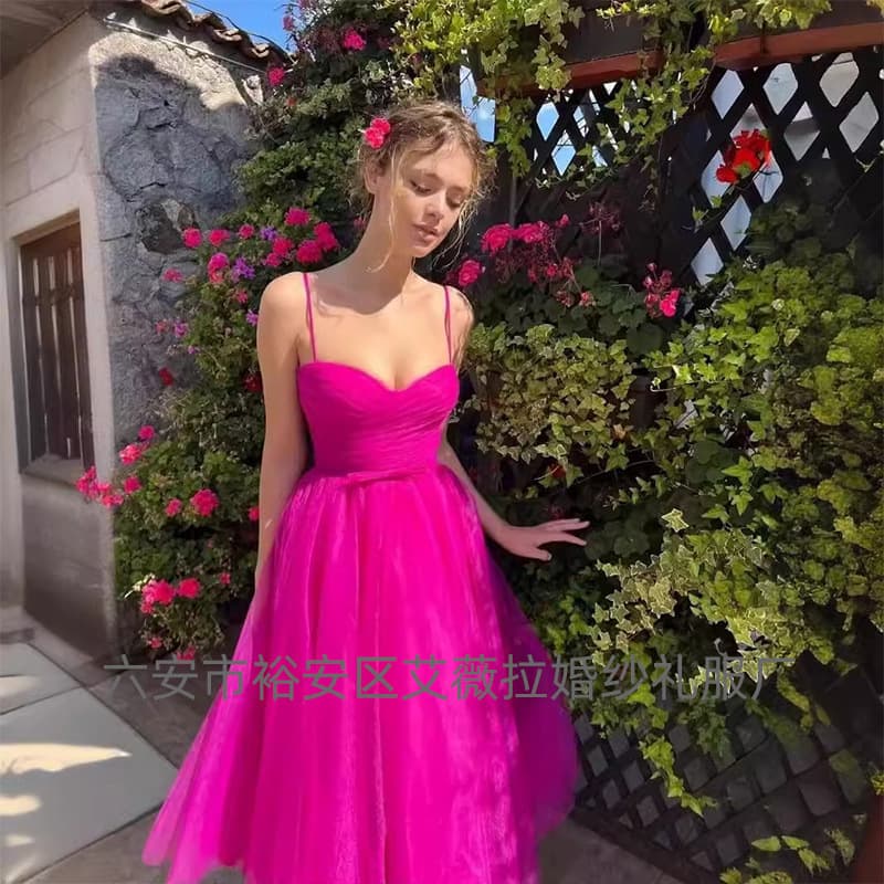 2026 European and American Cross-Border Women's Dress, Spaghetti Strap Solid Color Midi Dress, Bow Mesh Skirt Dress for AliExpress