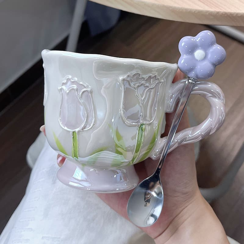 Tulip Ceramic Mug Hand-Painted Raised Design High-Gloss Coffee Cup Porcelain Couple Girl Home Water Cup