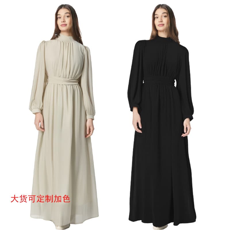 European and American foreign trade 2025 solid color pearl chiffon stand collar lantern sleeves long sleeve waist women's dress large skirt