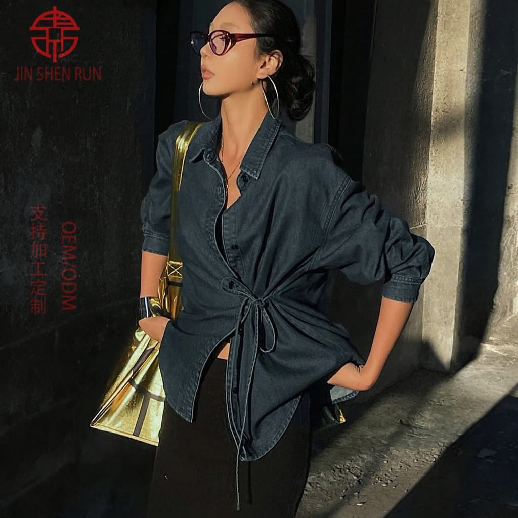European and American Cross-border Trade Women's Front Tie Front Button Long Sleeve Denim Top Casual Denim Jacket COAT