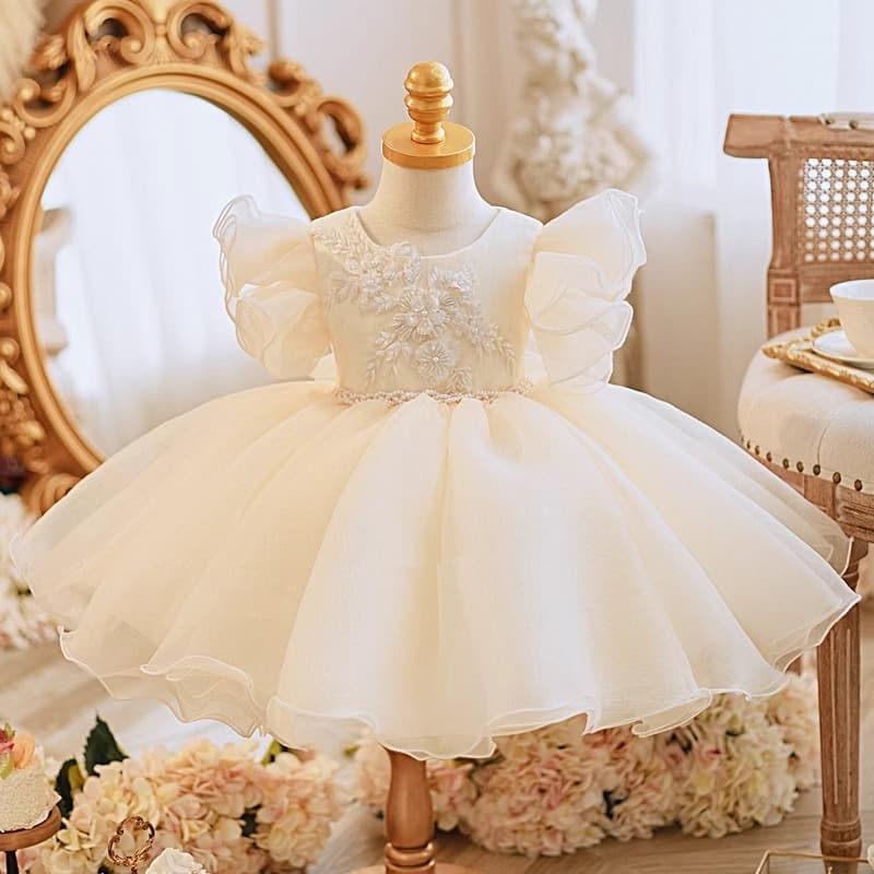 Champagne Girls Princess Dress Flower Girl Wedding Gown High-End Unique Stage Performance Outfit Baby First Birthday Party Dress