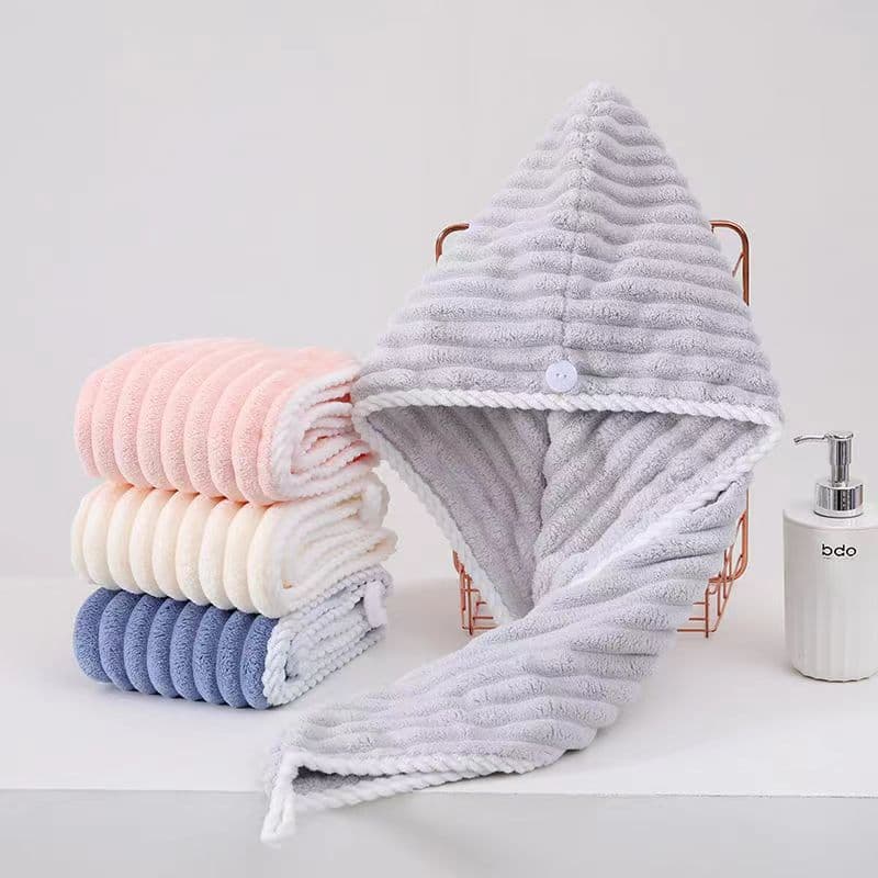 Candy Striped Fleece Hair Drying Cap, Absorbent Quick-Dry Coral Fleece Thickened Bath Cap, Hair Drying Head Wrap for Women Wholesale