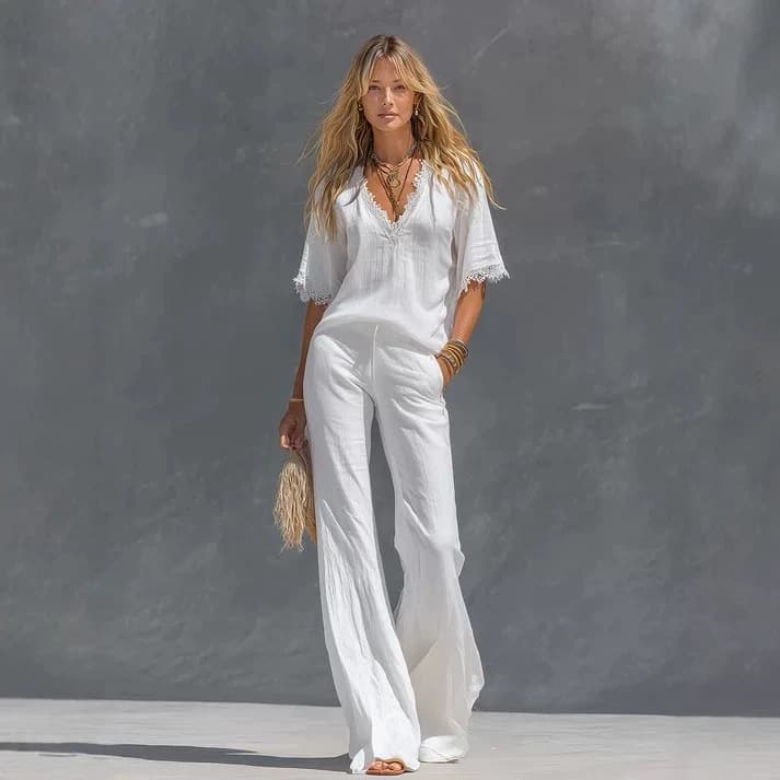2026 Cross-Border Export New Women's Vacation Style Linen Lace Set Loose Wide Leg Pants Beach Two-Piece Set