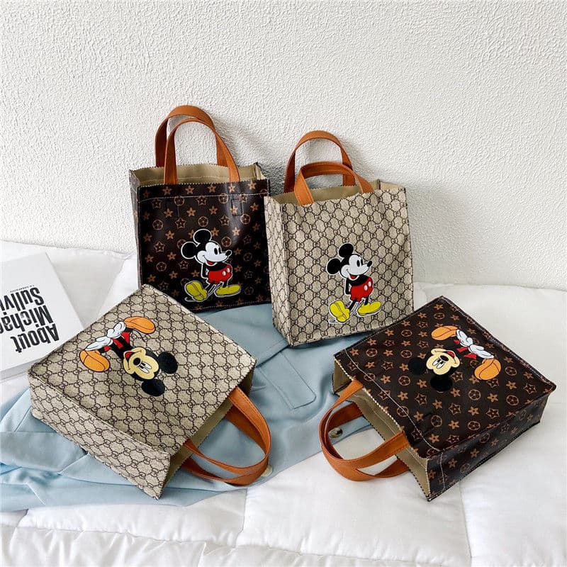 Large Capacity Tote Bag Fashionable Work Bag Women's Handbag Urban Minimalist Style PU Material Floral Print Mickey Pattern Square Bag