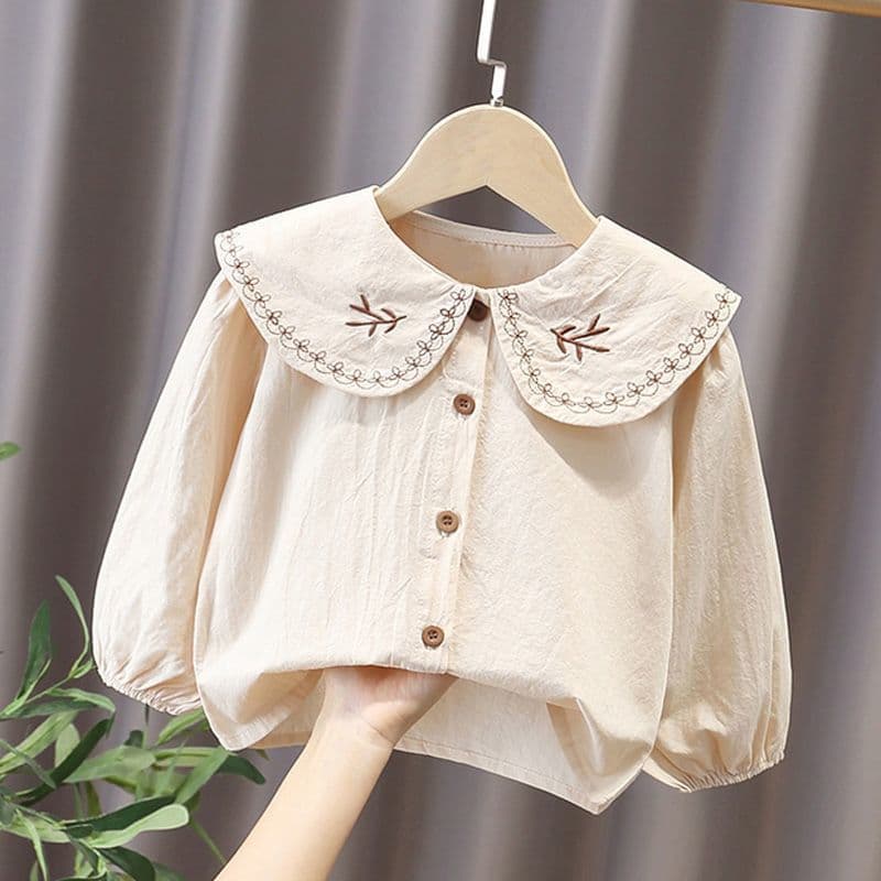 Girl's Long-Sleeve Shirt New Spring/Autumn Forest Style Peter Pan Collar Blouse Loose Fit Top