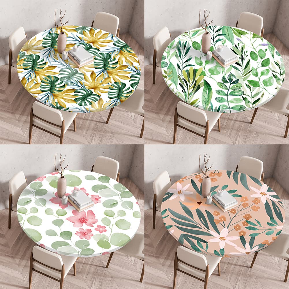 Cross-border Elastic Tablecloth, Plant Print Table Cover, Waterproof Round Tablecloth with Elastic Edge