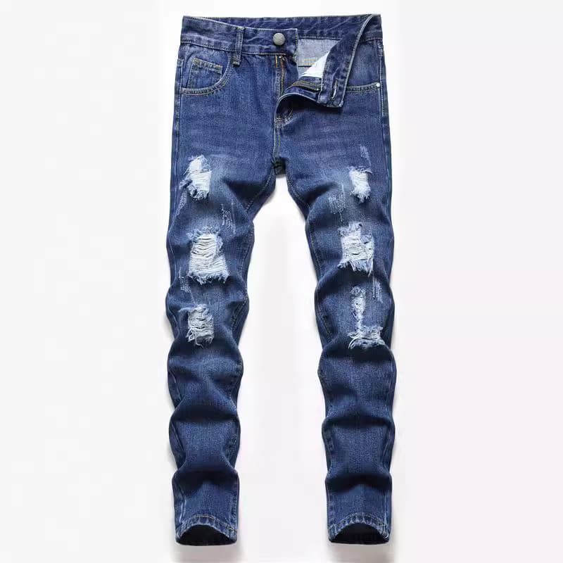 CUHK Men's and Children's Clothing Supply Europe and the United States Spot Dark Blue Casual Hole Straight Tube Denim Pants Four Seasons