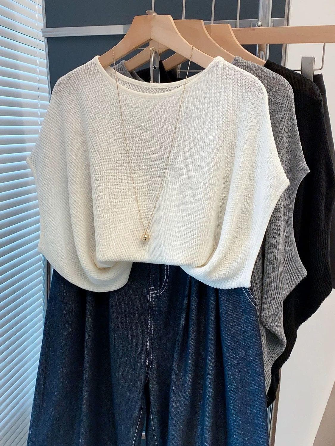 Casual Loose Batwing Sleeve Knit Top for Women, Summer Thin Round Neck Slimming Short Sleeve T-Shirt