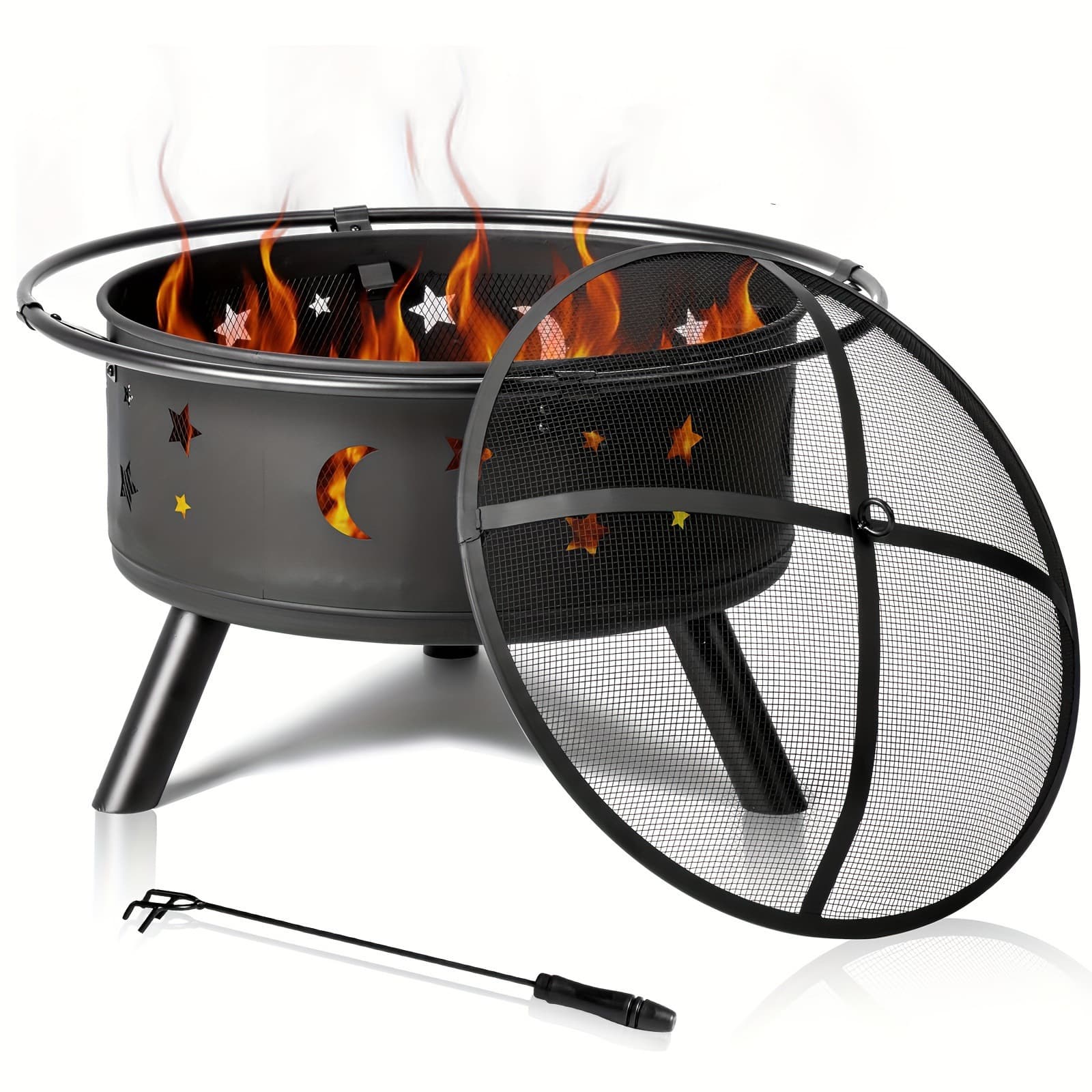⑩B 897 30 Round Black Metal Fire Pit with Star Moon.