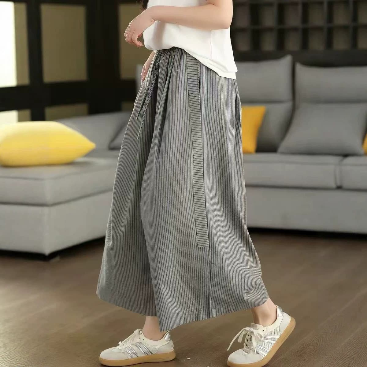 Vintage Yarn-Dyed Linen Stripe Wide-Leg Pants for Women 2026 Artistic Simple Drawstring Elastic Waist Slimming Versatile Wide Leg Pants