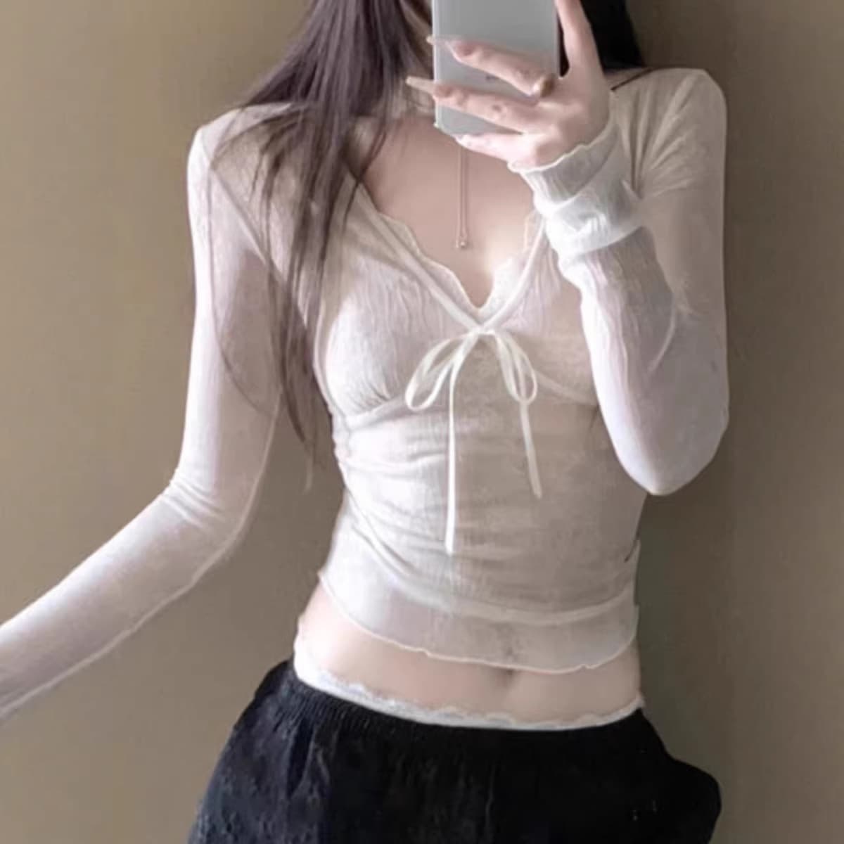 New 6018 tight lace blouse hot girl sexy bottoming inner wear pure lust style long-sleeved slim top