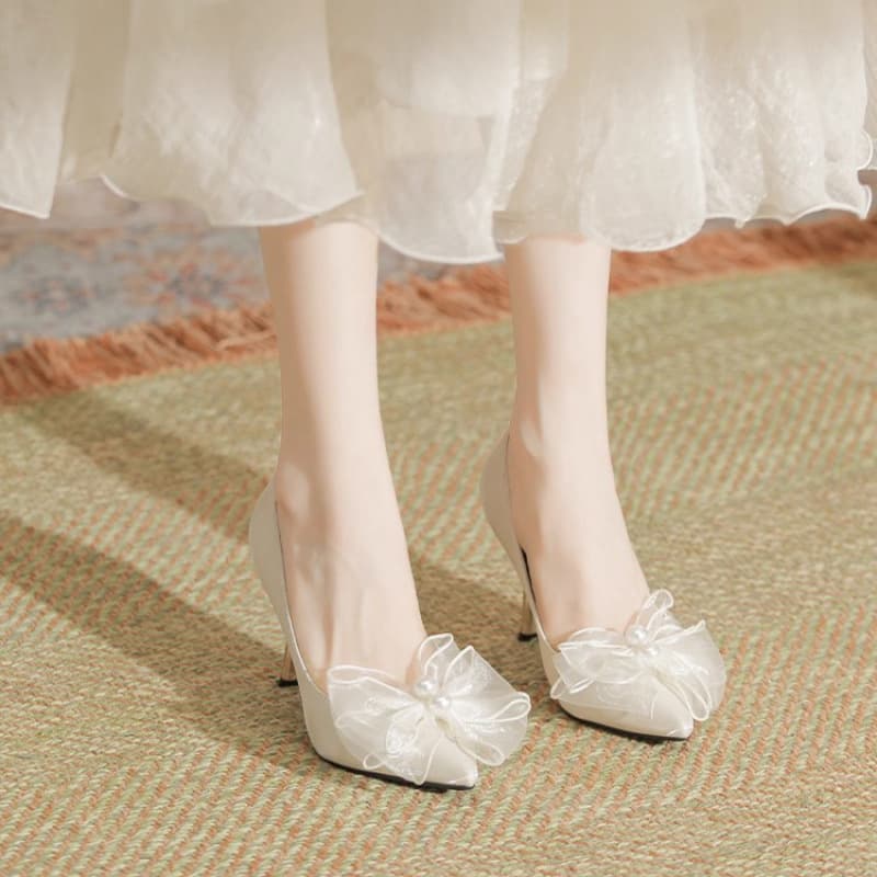 Bow Fairy Style High Heels for Women, Extra Wide and Plus Size, Slim Heel Pointed Toe, Comfortable for Banquet Wedding Shoes