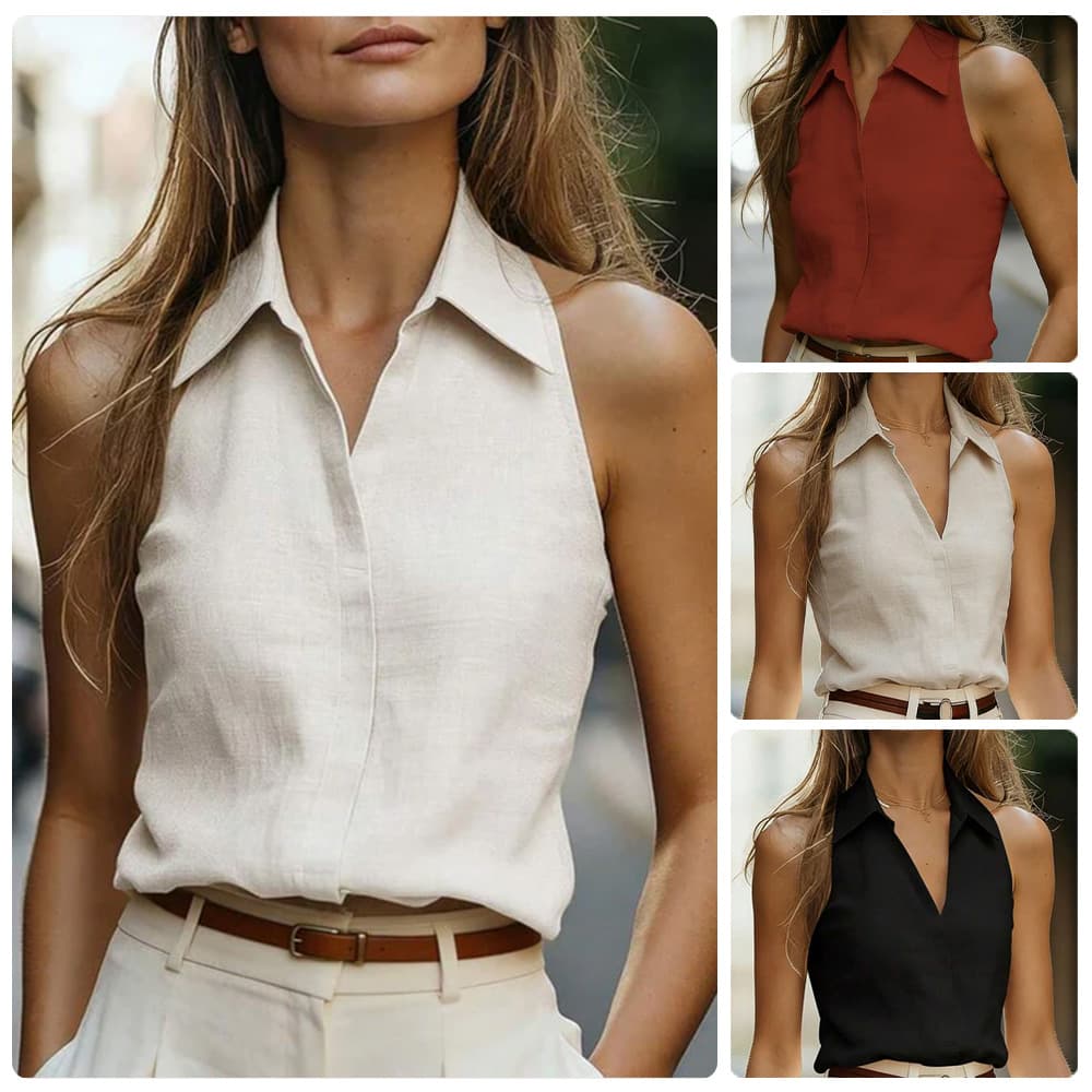 European and American Ins Style 2026 Textured Lapel Halter Sleeveless Blouse with Half-Open V-Neck Placket, Solid Color Commuter Sleeveless Shirt