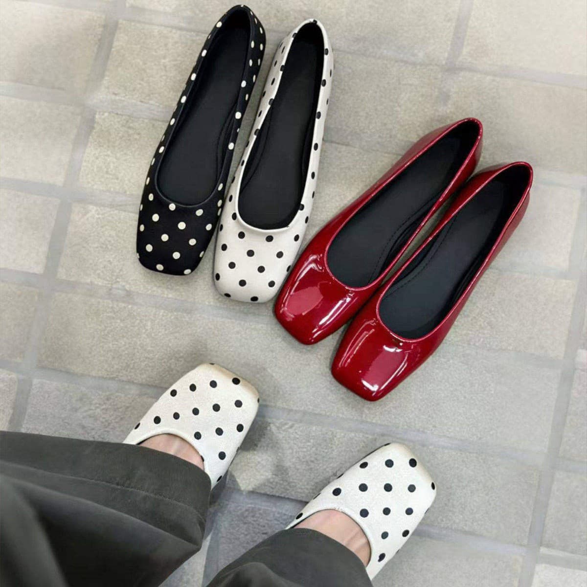 In-Stock Instant Delivery Polka Dot Women's Square-Toe Shallow Mouth Shoes 2026 Spring New Versatile Mary Jane Ballet Flats