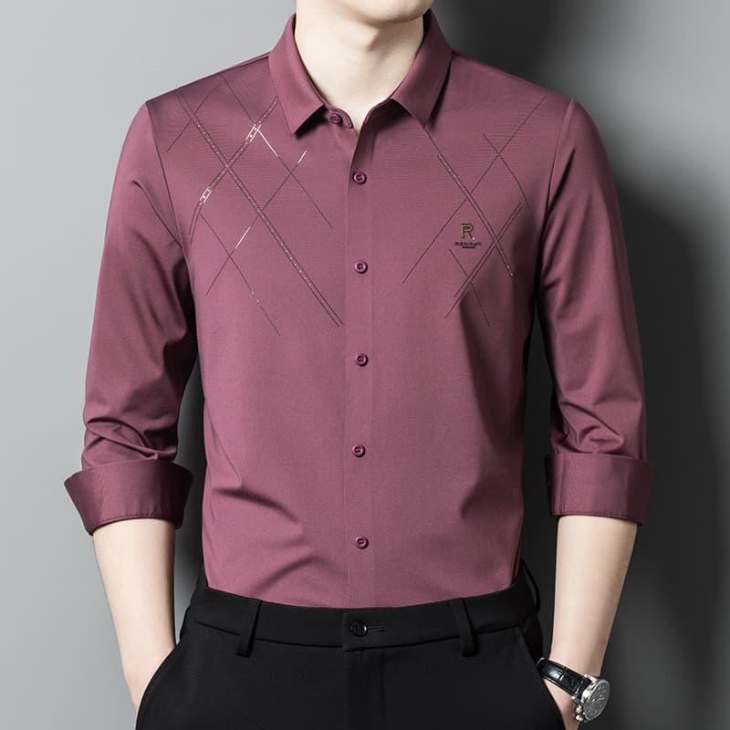 Men's Seamless Long Sleeve Shirt, Autumn Thin Wine Red Shirt, Middle-Aged Dad Wedding Dress, Banquet Attire