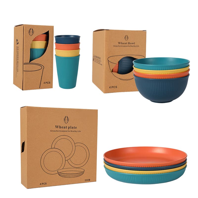 Cross-border E-commerce Wheat Straw Plate Bowl Cup Set 4pcs Vertical Grain Dinnerware Gift Set