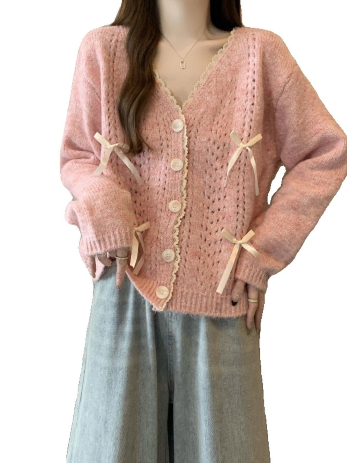 French Hollow-Out Pink Knit Cardigan Sweater Coat for Women New Fall/Winter Plus Size Soft Tie-Dye Top