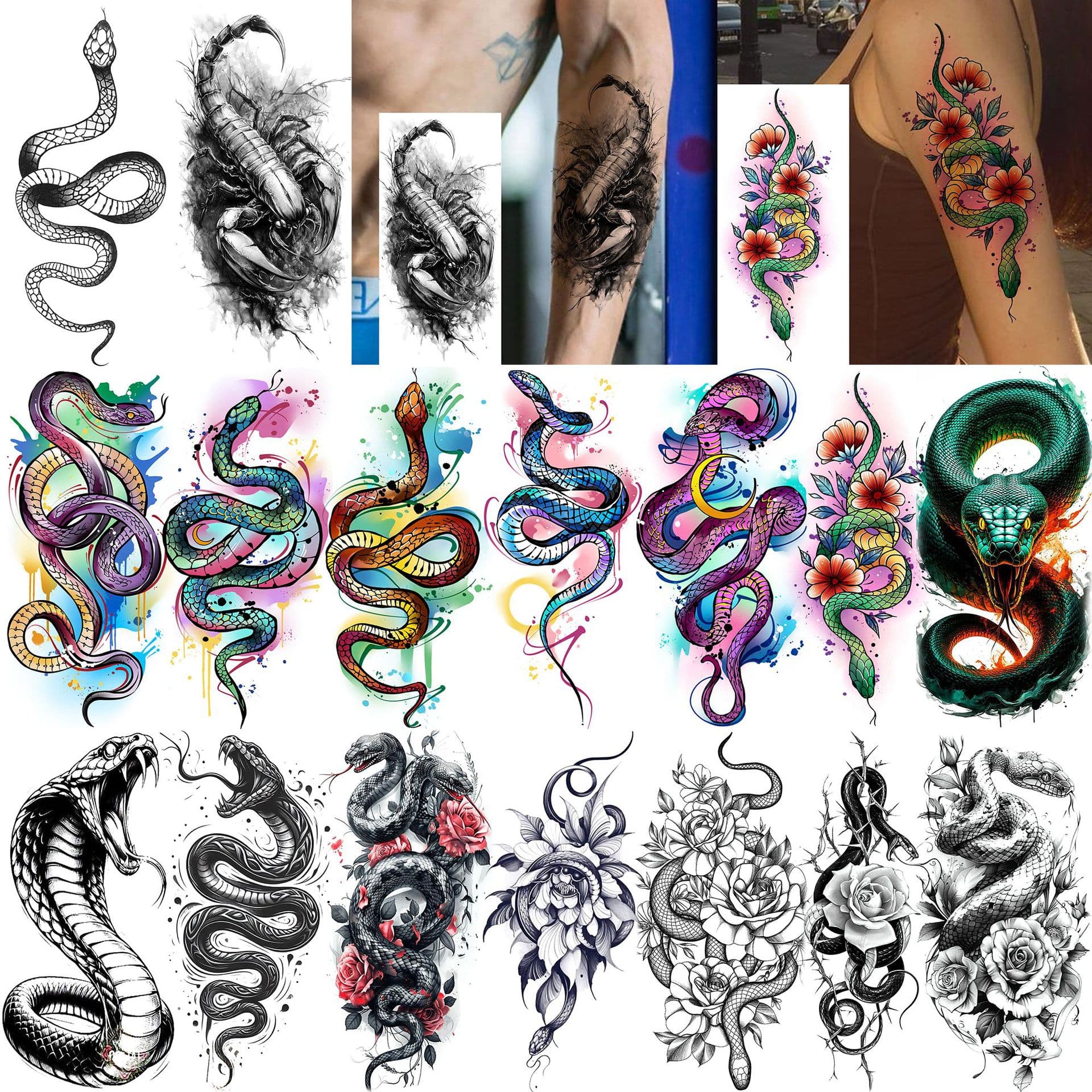 Cross-Border New Product Snake Scorpion Flower Niche Temporary Tattoo Sticker for Arm and Leg TEMU European and American Tattoo